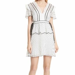 SELF-PORTRAIT V-neck Short-sleeve Dotted Frilled Short Cocktail Dress, White